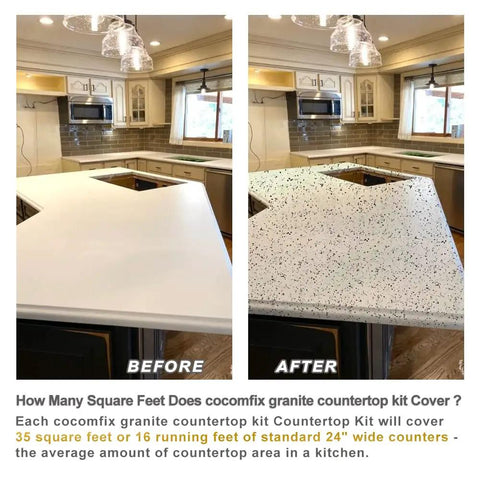 Granite Countertop Paint Kit Epoxy Refinishing For Kitchen And Bath 25X Thick Bright Gloss Coating In Pearl White DIY Countertop Makeover, before and after transformation scene.