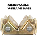 Adjustable V-shape base of magnetic tab holder for welding with strong magnets and precision alignment features.