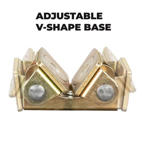 Adjustable V-shape base of magnetic tab holder for welding with strong magnets and precision alignment features.