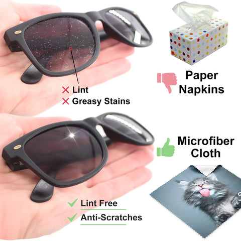 Black microfiber glasses cleaning cloths, 6-pack for lenses and screens; lint-free, anti-scratch