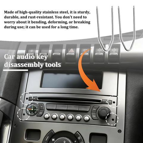 2 Piece Car Radio Removal Tool Set With V Shaped Pry Tools For Vehicle Stereo Disassembly Stainless Steel Universal Fit Automotive Audio CD DVD Release Kit shown on car dashboard