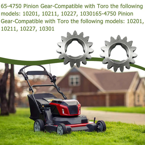 Two Pack Heavy Duty Pinion Gear Replacement Compatible With Toro Super Recycler Push Lawn Mower Models 10552 10590 10591 Genuine Replacement Parts 654750 And 614438 shown with a lawn mower.