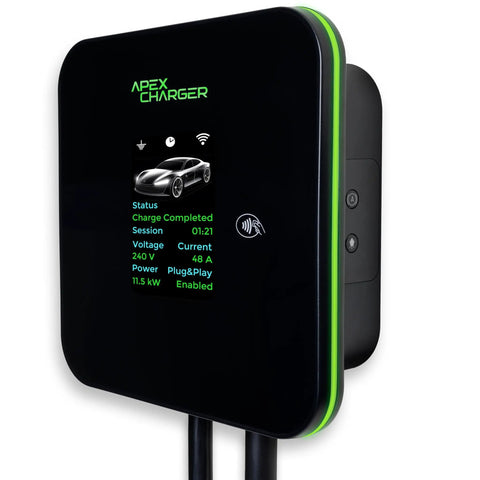 Beefy Hardwired Level 2 Electric Vehicle Charging Station Delivering A Heavy 48 Amp Wall Mount Charge With Nifty J1772 Connectivity And Smooth Tesla Nacs Adapter Support For Hassle Free Home Power Ups, featuring a digital display.