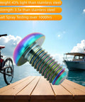 Lightweight Titanium Bolts M5x12mm Set for Bikes shown with colorful finish on a dock with boat and bicycle background