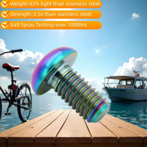 Lightweight Titanium Bolts M5x12mm Set for Bikes shown with colorful finish on a dock with boat and bicycle background