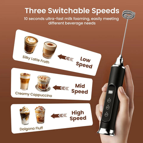 Rechargeable Milk Frother Wand For Coffee Handheld Electric Whisk IPX6 Waterproof One Touch Self Cleaning Cordless Drink Mixer Easy Clean Foaming On Point