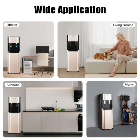 Dual Temperature Water Dispenser With Fast Cold And Hot Water, 5 Gallon Stainless Steel Water Cooler in various room settings