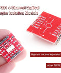 Five-Piece Four-Channel Optocoupler Isolation Module With TLP281 ICs for Arduino displayed showing circuit details and pin labels