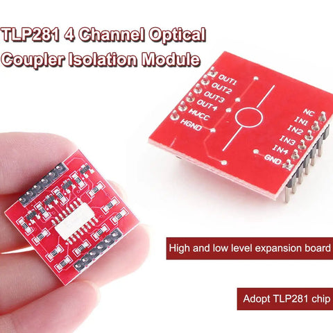 Five-Piece Four-Channel Optocoupler Isolation Module With TLP281 ICs for Arduino displayed showing circuit details and pin labels