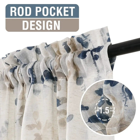 Linen Sheer Curtains For Living Room And Bedroom 63 Inch Long Light Filtering Rod Pocket Panels Two Panels Floral Print Bluestone And Taupe