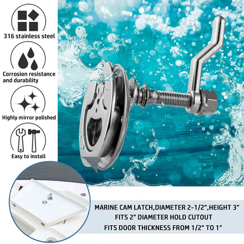 Boat Cam Latch 316 Stainless Steel Flush Mount Hatch Lift Pull with Back Plate; marine cam latch in water backdrop