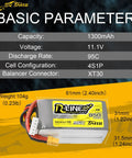 R-Line 850mAh 14.8V 95C 4S LiPo Battery Pack With XT30 Plug 2 Pack for FPV Racing, dimensions and specifications displayed
