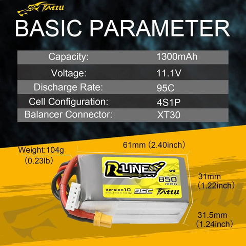 R-Line 850mAh 14.8V 95C 4S LiPo Battery Pack With XT30 Plug 2 Pack for FPV Racing, dimensions and specifications displayed