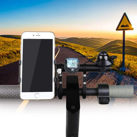 Bike Handlebar Extender Aluminum Alloy Double Clamp Mount Space Saver holding phone GPS and horn on bike in scenic landscape