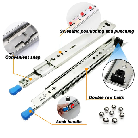 Beefy 550mm Full Extension Drawer Slides With Lock And Ball Bearing Guide Rails 120kg Load Capacity, showing dual ball bearings
