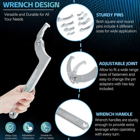 Adjustable Pin Spanner Wrench Set With 9 Piece C Spanner Heads And Changeable Attachments For Suspension And Collar Nut Tweaks, Includes Hook Wrenches And Square And Round Pin Adapters, 3/4 Inch To 3 Inch Range, shown with sturdy pins and adjustable joint for versatile use.