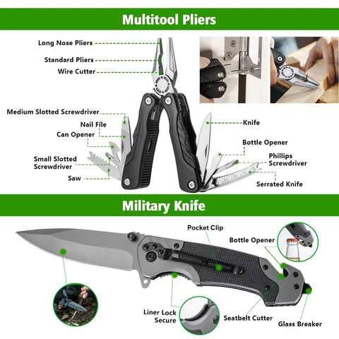 All In One Folding Tactical Shovel Hatchet Kit multitool and military knife with labeled features for camping, hiking, cycling gear