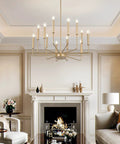 Modern Gold Farmhouse 12 Light Chandelier Industrial Metal Pendant Lighting with Candle Style Bulbs in living room