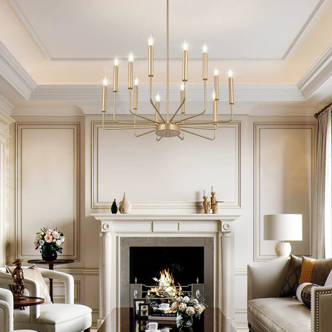 Modern Gold Farmhouse 12 Light Chandelier Industrial Metal Pendant Lighting with Candle Style Bulbs in living room