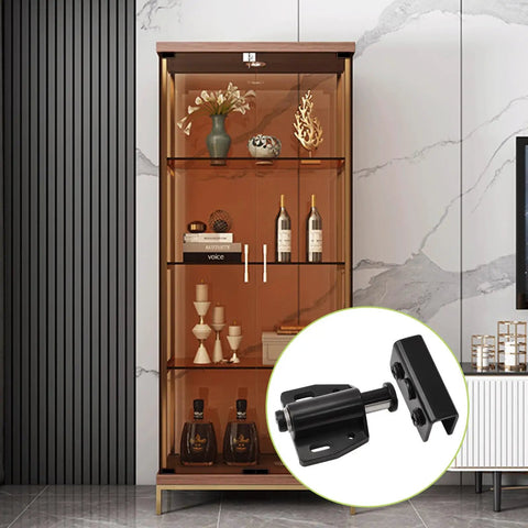 Black Frameless Glass Door Magnetic Catch Latch Set 4 Pack Push Open Touch Latches With Cabinet Clamp Fits 5 To 8mm Free Swinging Glass Doors Adjustable Stainless Steel Hardware Easy Install, shown installed on a glass cabinet.