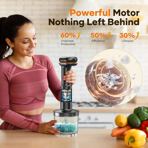 Cordless Immersion Blender With Removable 6000mAh Battery And Magnetic Fast Charging 5 In 1 Hand Mixer in use, mixing ingredients in bowl.