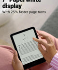 Next Level Kindle Paperwhite E Reader With 16 GB Storage Built Different For Marathon Reading Featuring A Crisp Seven Inch Glare Free Display With Buttery Smooth Page Turns And Insane Weekly Battery Life In Sleek Black held in a hand with a blurred background.