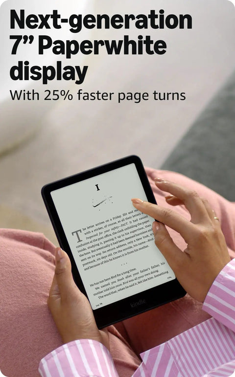 Next Level Kindle Paperwhite E Reader With 16 GB Storage Built Different For Marathon Reading Featuring A Crisp Seven Inch Glare Free Display With Buttery Smooth Page Turns And Insane Weekly Battery Life In Sleek Black held in a hand with a blurred background.