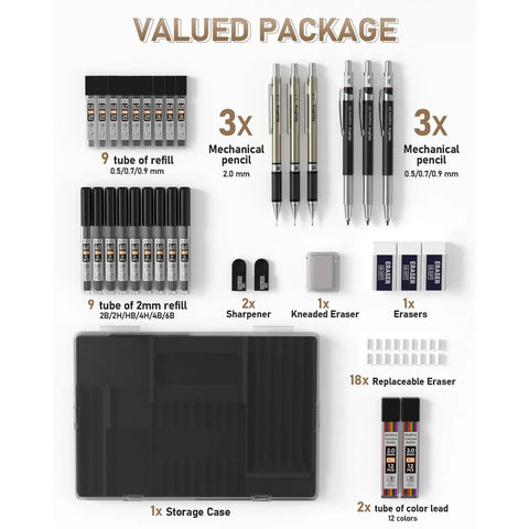 Pro Grade Art Mechanical Pencil Set For Artists With 6 Drafting Pencils And 3 Lead Holders In 0.5 0.7 0.9 And 2.0 mm 20 Lead Refills