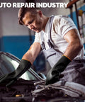 Person wearing Six Pair Black Industrial Rubber Gloves 14 Inch Large Chemical Acid Oil Alkali Resistant Heavy Duty Waterproof Hand Shields for auto repair.
