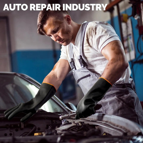 Person wearing Six Pair Black Industrial Rubber Gloves 14 Inch Large Chemical Acid Oil Alkali Resistant Heavy Duty Waterproof Hand Shields for auto repair.