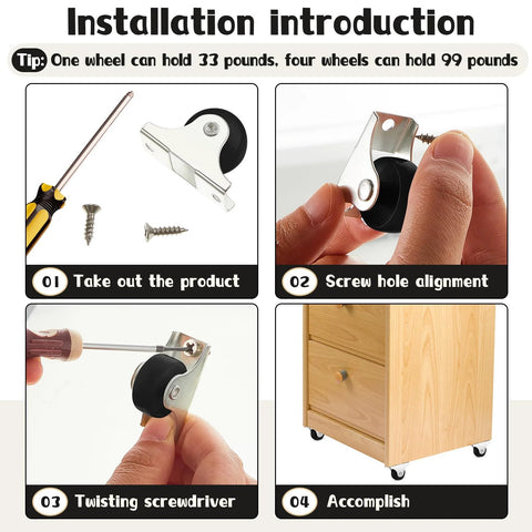 Installation guide for 24 Pieces 1 Inch Small Fixed Castor Wheels with Metal Top Plate for Furniture and Small Appliances Rigid Non Swivel Casters Heavy Duty Black Wheels Include 48 Screws for Easy Replacement.