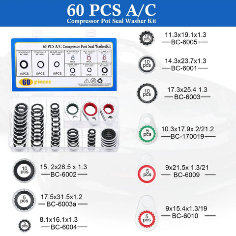 Air Conditioning Valve Core Kit With 270 O Rings, 60 Gasket Seals, 77 Dust Caps and 39 Valve Cores for R12 R134a Systems, kit displayed.