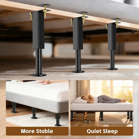 Adjustable Metal Bed Risers 6 Piece Set 10.2 To 16.5 Inches Tall shown under bed, stabilizing slats for quiet sleep.