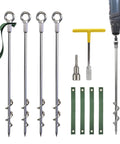 18 Inch Beefy Heavy Duty Ground Anchors Screw In Kit With Manual And Power Wrench, 4 stainless steel eye bolts, straps visible
