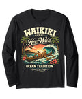 Vintage Hawaiian Outrigger Canoe Long Sleeve Tee With Ocean Sunset Vibes, featuring paddlers, surf, hibiscus, and palm trees
