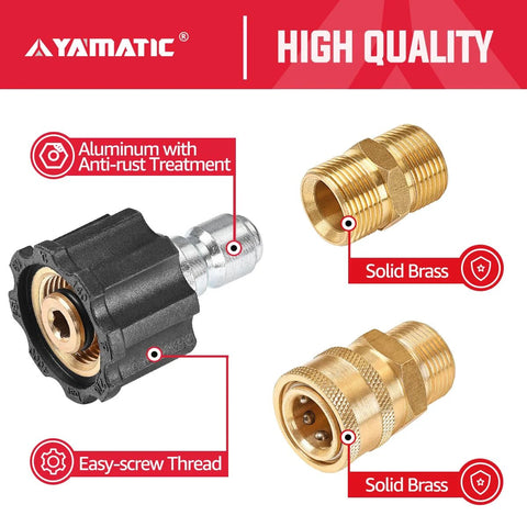 YAMATIC pressure washer quick-connect adapter set; M22 to 3/8 in fittings, solid brass, aluminum anti-rust, 5 pcs