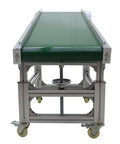 Front view of Inclined PVC Conveyor Belt System with aluminum frame, motorized drive, showing adjustable height mechanism.