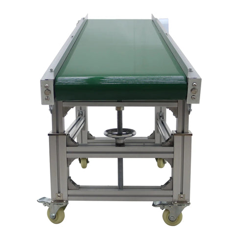 Front view of Inclined PVC Conveyor Belt System with aluminum frame, motorized drive, showing adjustable height mechanism.