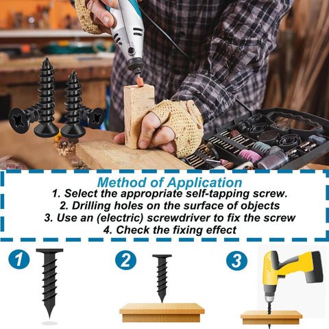620 Piece M3 Wood Screws Assortment Kit With Phillips Drive Flat Head Self Tapping Screws Black shown in workshop use