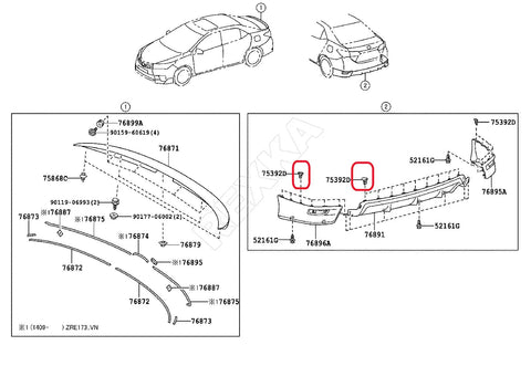 Diagram illustrating components of Front And Rear Spoiler Molding Clip Kit 25 Pcs For Toyota And Lexus Cars OEM 75392-35220