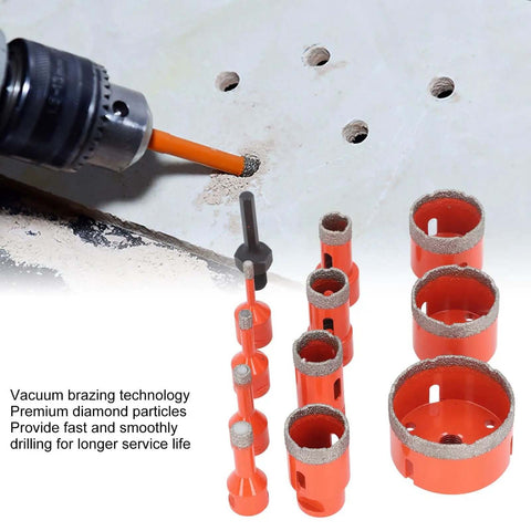 Top Tier Hole Saw Kit With 11 Sizes For Tile Marble And Stone featuring M14 Hex Shank, Built To Drill Clean Blazes Through Granite Ceramic Floor Tiles Like A Boss. Diamond hole saw kit with drill cutting ceramic tile and multiple sizes.