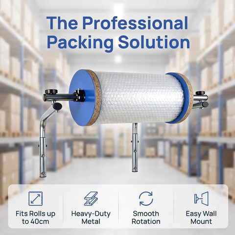 Kickass Wall Mount Bubble Wrap Dispenser With Hella Durable Foldable Steel Frame adjusts for 30 to 150cm rolls in a warehouse.