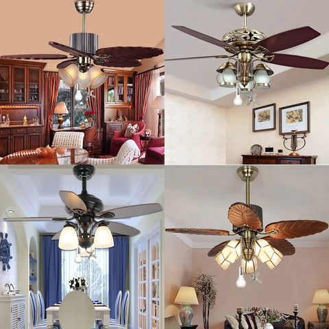 Four diverse living room ceiling fans with beaded ball pull chains, displaying varied styles featuring the Beaded Ball Ceiling Fan Pull Chain Set, 12 Inch Replacement Chains With Connectors, 2 Pack, 3mm Diameter Beads, Oil Rubbed Bronze Finish, Easy Install For Lights And Fans.