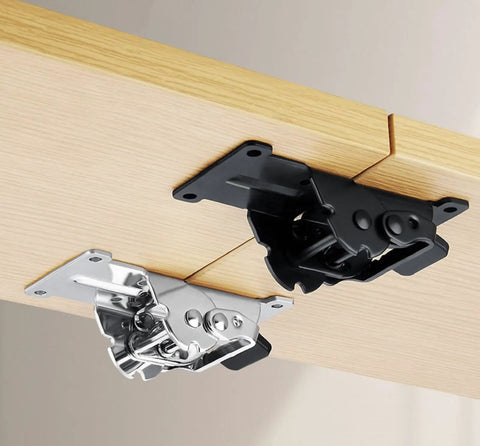 Rock Solid Self Locking Folding Hinges With 90 Degree Folding Leg Bracket Setup And Thick Steel Plates For Knockout Grit Plus No Nonsense Load Support In Classic Black, shown fixed under a wooden table.