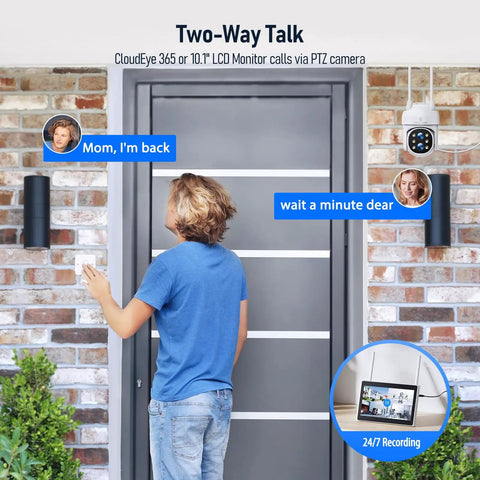 Person using Wireless 4K Security Camera System With Monitor, 10X Zoom Dual Lens Outdoor Indoor Surveillance Kit With Night Vision.