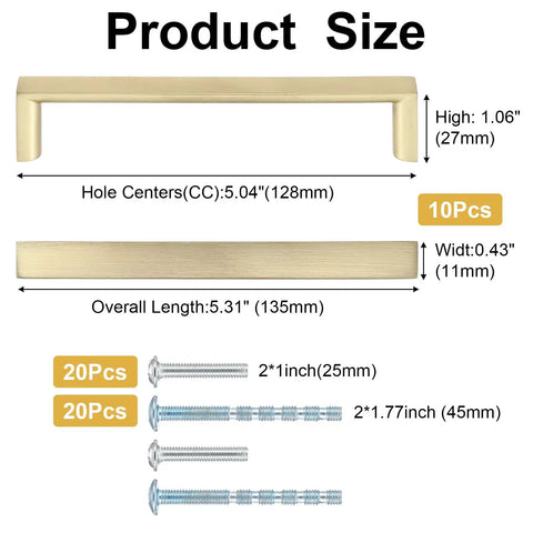 Gold 5 Inch Cabinet Handles Square Brushed Brass Pulls For Kitchen Cabinets Dressers Closets And Wardrobes, 10 Pack, size details