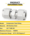 304 Stainless Steel Compression Tube Fitting Union for three eighths inch outside diameter tubing, high strength corrosion resistant connector.