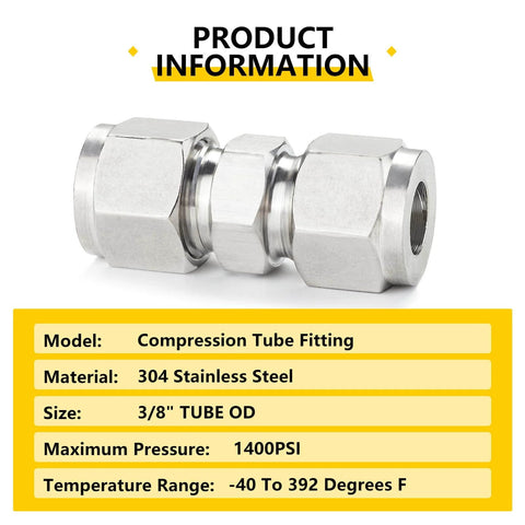 304 Stainless Steel Compression Tube Fitting Union for three eighths inch outside diameter tubing, high strength corrosion resistant connector.