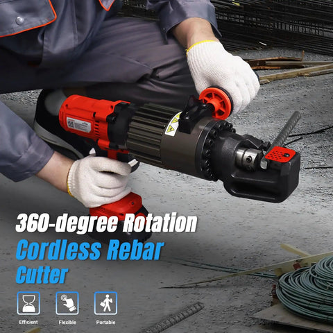 Loschen Cordless Rebar Cutter With 360 Degree Rotation, Portable Electric Hydraulic Saw For 4Mm To 20Mm Steel Rods in use. Handheld tool cutting rebar.