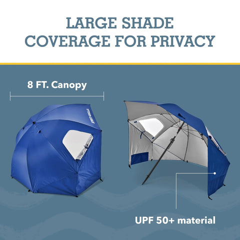 Blue 8 Foot Canopy Shelter With UPF 50 Plus Sun And Rain Protection Two Patented Side Panels For Privacy